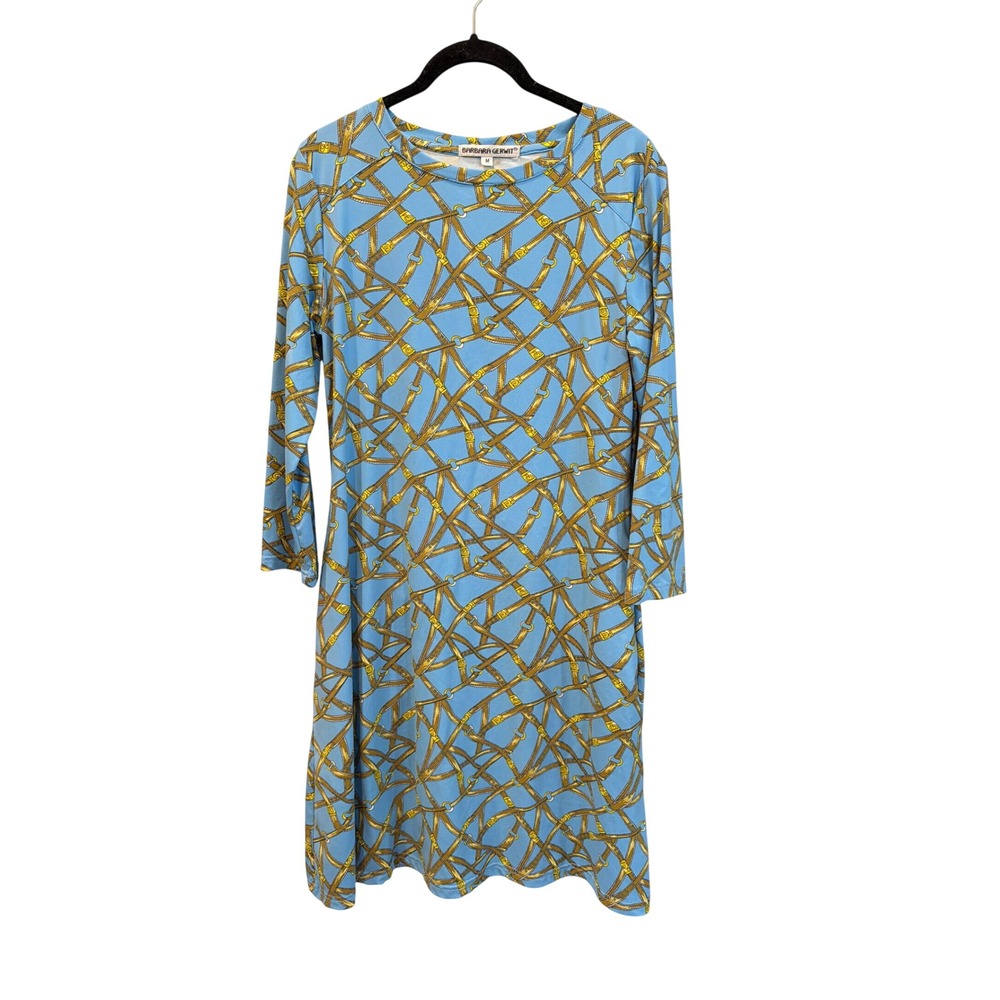 Barbara Gerwit Blue Equestrian Belt Print Shift Dress 3/4 Sleeve Pockets Medium
